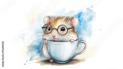 Cute Mouse With Glasses in Teacup