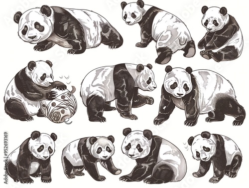 Set of various panda illustration on white. AI generated