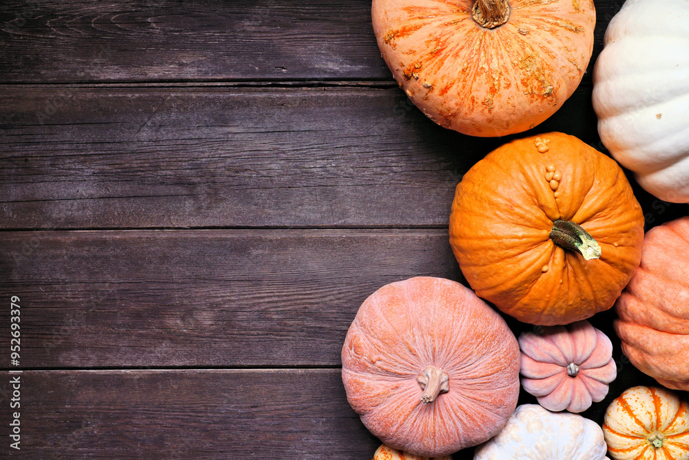 Fall side border of pumpkins of various sizes and colors over a rustic dark wood background. Top down view with copy space. Fall side border of pumpkins of various sizes and colors over a rustic dark wood background. Top down view with copy space.