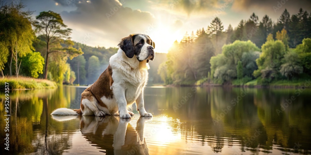 Obraz premium A relaxed Saint Bernard basks in a soft illumination, lines simplified to evoke serenity. A calm lake reflects the beauty of its surroundings, surrounded by trees.