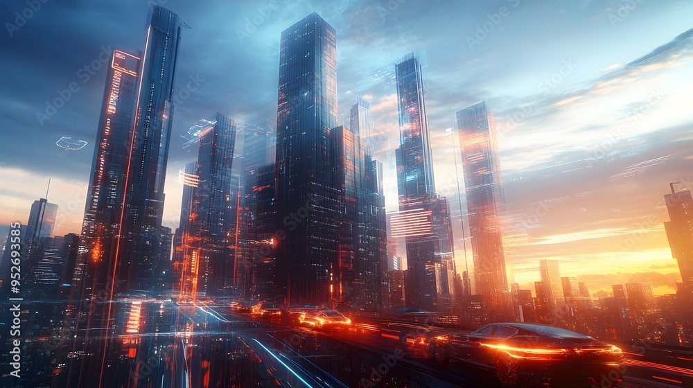 Fototapeta premium Futuristic Blockchain Powered City Skyline with Towering Skyscrapers and Holographic Displays