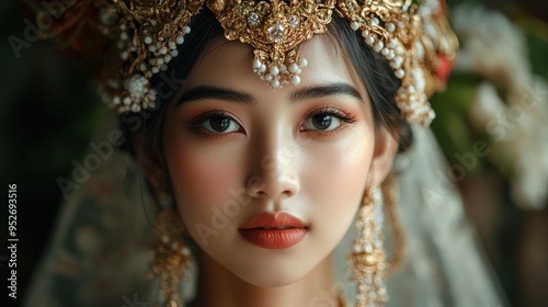 Beautiful female asian model with traditional bridal make up regional customs background wallpaper AI generated image