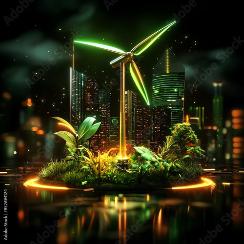 A vibrant urban landscape featuring a wind turbine illuminated in green, symbolizing sustainability and eco-friendliness. photo