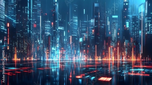 Futuristic Financial Technology Landscape with Blockchain Data Analytics and Digital Art in Sleek Modern Neon Lit Cityscape