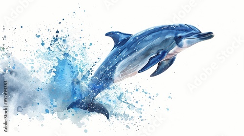 A vibrant watercolor illustration of a dolphin leaping out of the water, showcasing playful movement and ocean beauty.