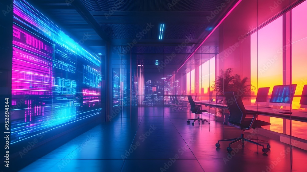 Vibrant Fintech Startup Office with Futuristic Holographic Interfaces and Blockchain Visualizations Vibrant Fintech Startup Office with Futuristic Holographic Interfaces and Blockchain Visualizations