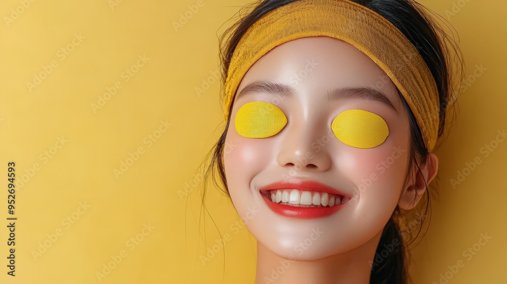 A young woman enjoys a moment of relaxation, wearing yellow eye patches that enhance her skincare regimen. The bright yellow backdrop adds to the uplifting atmosphere A young woman enjoys a moment of relaxation, wearing yellow eye patches that enhance her skincare regimen. The bright yellow backdrop adds to the uplifting atmosphere