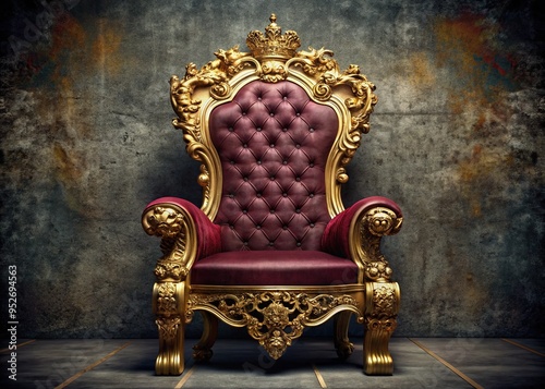 A regal, intricately carved, ornate throne with velvety upholstery and gilded accents, set against a richly textured, dark-toned background, evoking majesty and power. photo