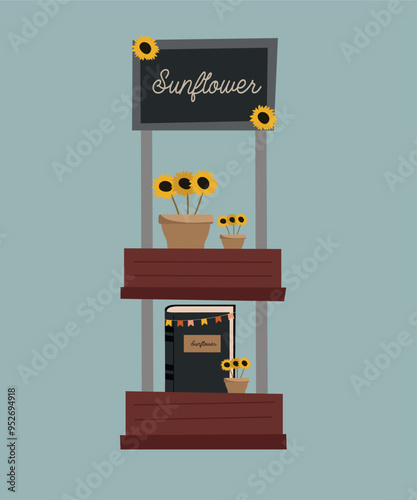 Cute Illustration with Banner Shop and Sunflower Pot,Book,Banner