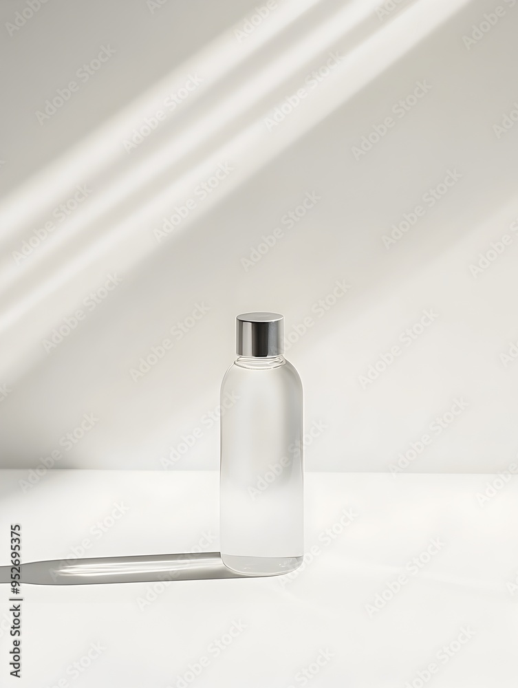 Minimalist Glass Bottle of Clear Shampoo Against White Background Minimalist Glass Bottle of Clear Shampoo Against White Background