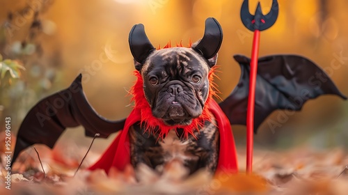 French Bulldog dressed in a devil costume with fluffy arms, bat wings, and a pitchfork, creating a cute yet spooky Halloween look photo