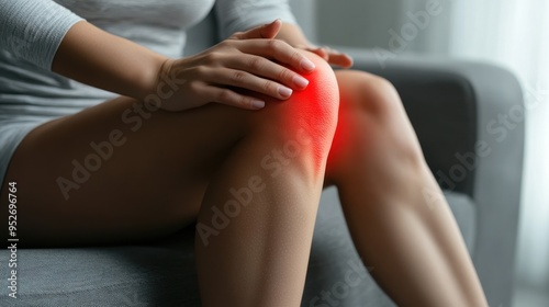 Wallpaper Mural Knee Pain Relief - A woman sitting on a sofa, holding her knee with visible pain highlighted in red, illustrating joint pain or injury. Torontodigital.ca