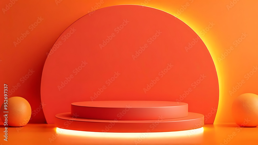 Modern 3D Red Podium on Bright Orange Background with Glowing Light, Minimalist Style Product Display and Mockup Modern 3D Red Podium on Bright Orange Background with Glowing Light, Minimalist Style Product Display and Mockup