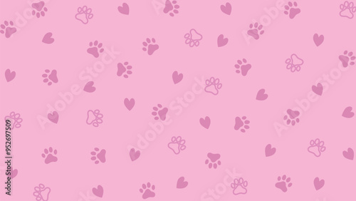 Pink seamless pattern of dog or cat paw prints and hearts. For t-shirts, backgrounds, patterns, websites, showcases design, greeting cards, child prints, wallpapers etc