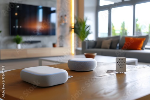 Modern living room featuring smart speakers on a wooden table with elegant decor and a stylish television in the background.