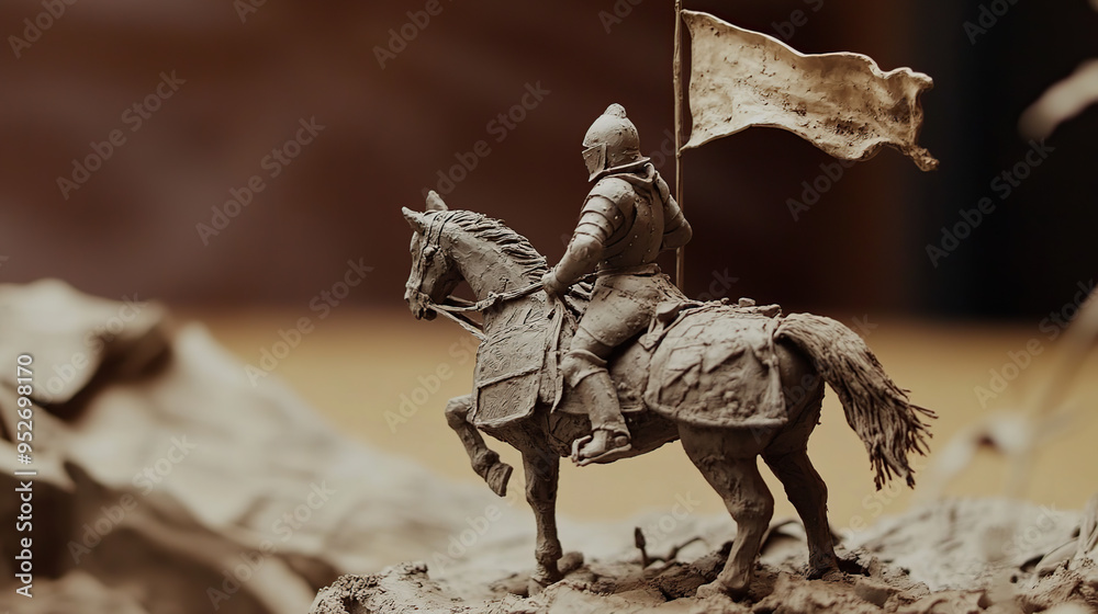 Fototapeta premium A clay sculpture of a knight on horseback, holding a flag, standing on a rocky terrain.