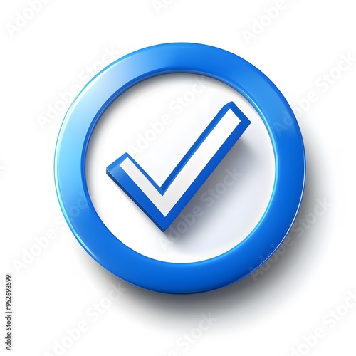 3d check icon, checklist tick, done mark. Vector realistic plastic style checkmark, symbol of selection, confirmation or approval. blue circle with a white, white background