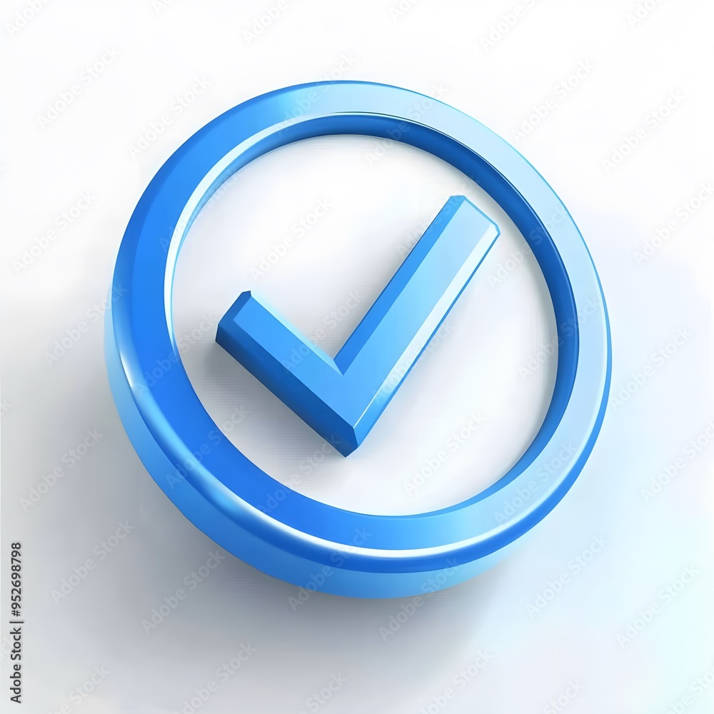 3d check icon, checklist tick, done mark. Vector realistic plastic style checkmark, symbol of selection, confirmation or approval. blue circle with a white, white background