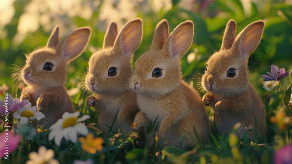 Four Adorable Bunnies in a Field of Flowers