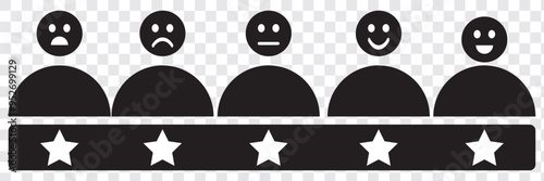 Set of customer review icons. Business client symbol, people group with five stars. Customer satisfaction signs. Grade, achievement, rating. Customer experience or 5 star satisfaction rating icon.