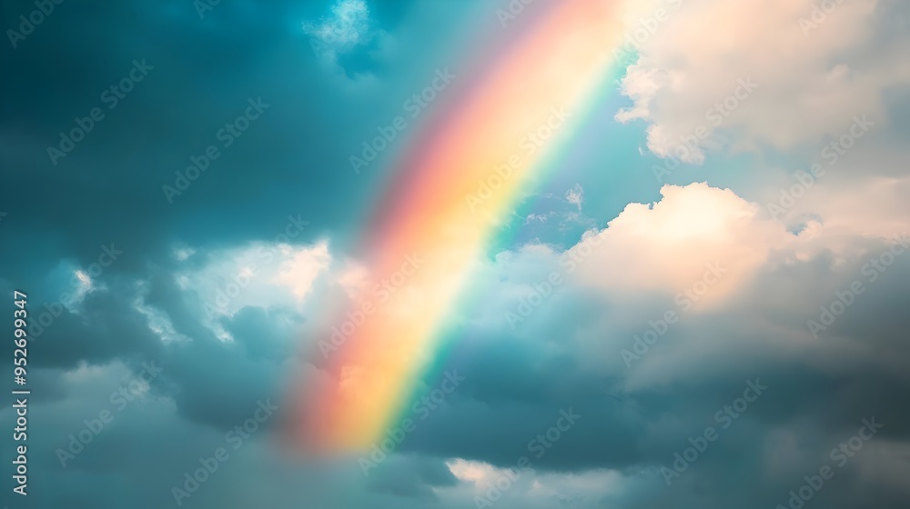 Vibrant Rainbow Arch Across Dramatic Cloudy Sky After Rainstorm Scenic Landscape Vibrant Rainbow Arch Across Dramatic Cloudy Sky After Rainstorm Scenic Landscape