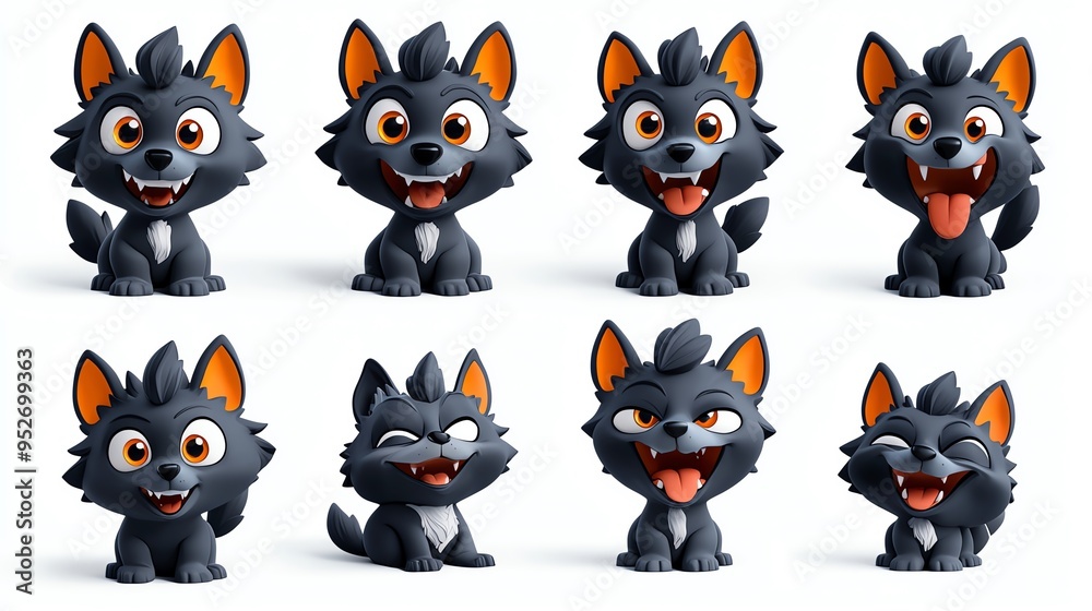 Colorful cartoon wolf character with various playful expressions, perfect for children's illustrations and fun designs.