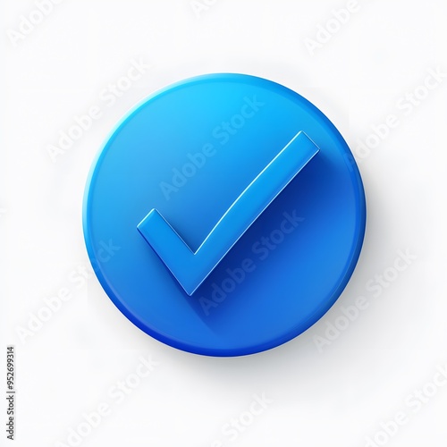 3d check icon, checklist tick, done mark. Vector realistic plastic style checkmark, symbol of selection, confirmation or approval. blue circle with a white, white background