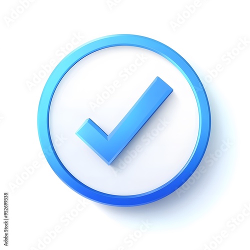 3d check icon, checklist tick, done mark. Vector realistic plastic style checkmark, symbol of selection, confirmation or approval. blue circle with a white, white background