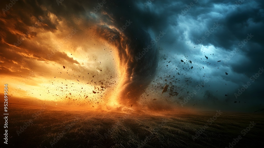 Ominous Tornado Forming Over Open Field Dramatic Swirling Clouds and Powerful Winds Ominous Tornado Forming Over Open Field Dramatic Swirling Clouds and Powerful Winds