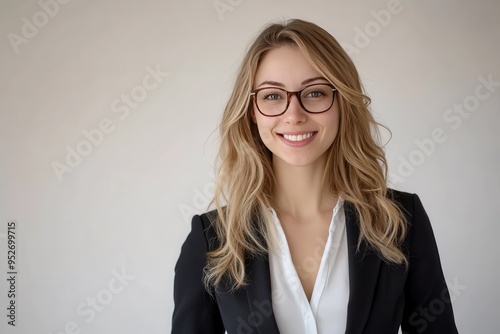 A female teacher with a smile on her face, wearing glasses, on a light background.