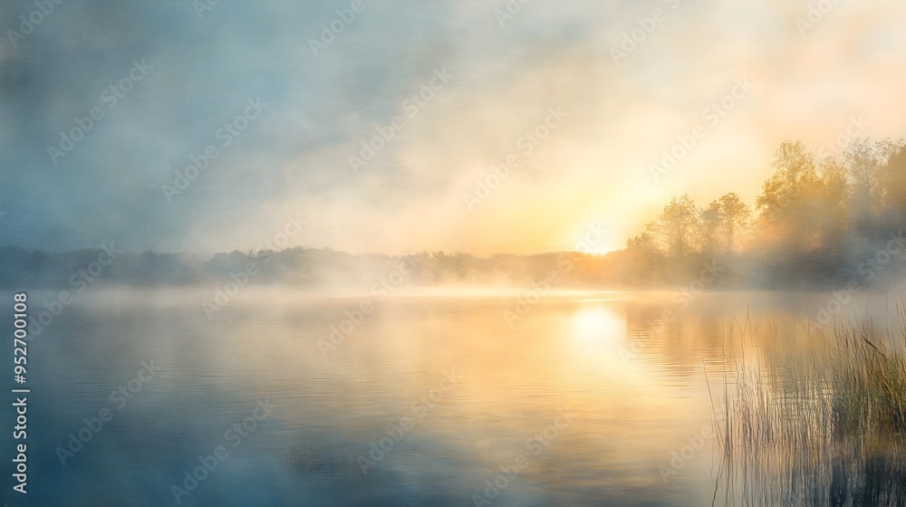 Ethereal Fog Shrouded Lake at Golden Hour with Tranquil Sunrise Reflections Ethereal Fog Shrouded Lake at Golden Hour with Tranquil Sunrise Reflections