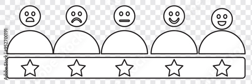 Five star reviews icon. Group of three satisfied customers. Black symbol on transparent background vector illustration.
