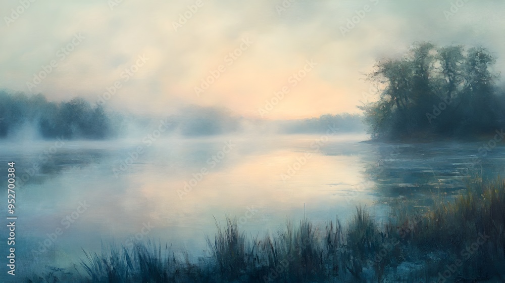 Fototapeta premium Ethereal Lake Landscape with Misty Dawn Light in Impressionist Style