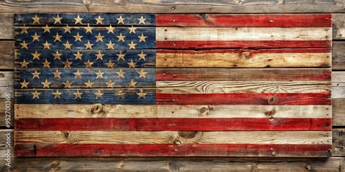 A rustic, distressed American flag design intricately carved into a reclaimed wooden plank, emphasizing patriotic spirit and nostalgic Americana charm through weathered textures and earthy tones. photo