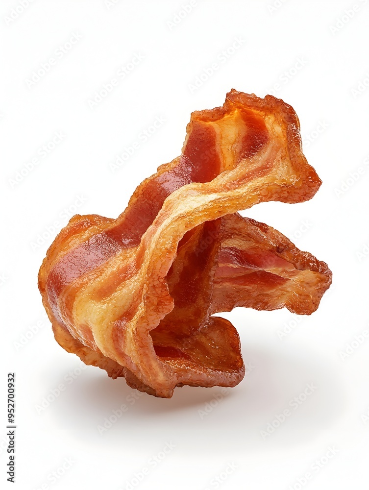 Mouthwatering Crispy Bacon Slice on Clean White Background with Textural Details Mouthwatering Crispy Bacon Slice on Clean White Background with Textural Details