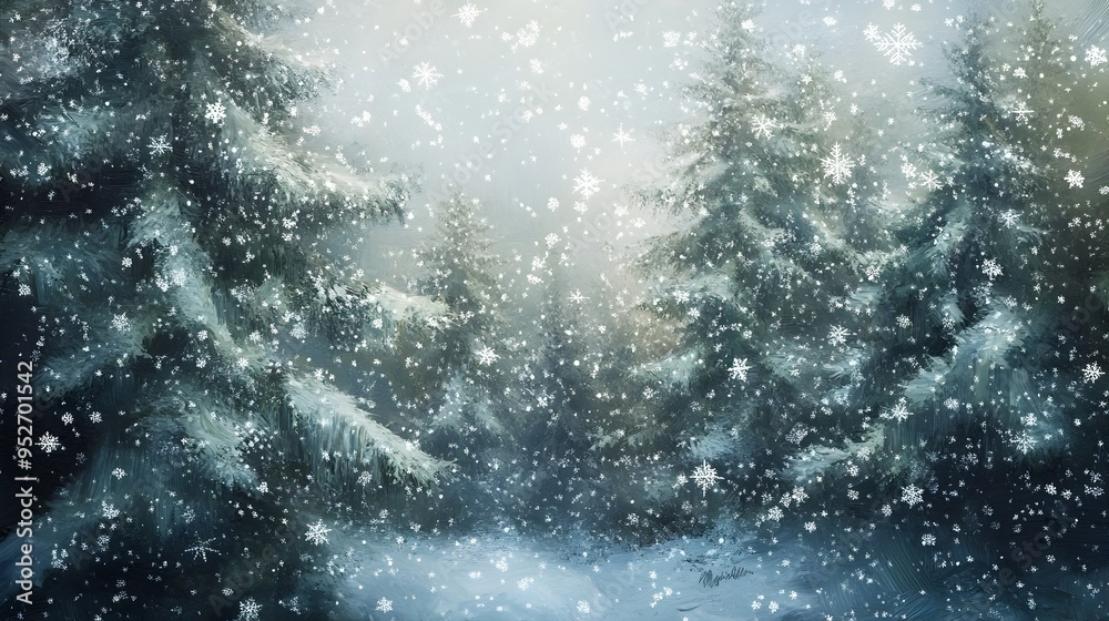 Obraz premium Serene Wintery Forest Scene with Drifting Snowflakes and Evergreen Trees in Impressionistic Style