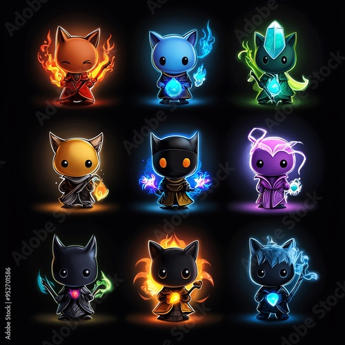 Colorful and vibrant magical creatures showcasing different elemental powers in a whimsical, fantasy-themed design.