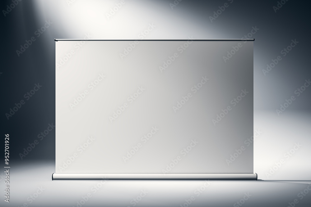 Blank roll-up banner mockup in studio with spotlight. 3D Rendering Blank roll-up banner mockup in studio with spotlight. 3D Rendering