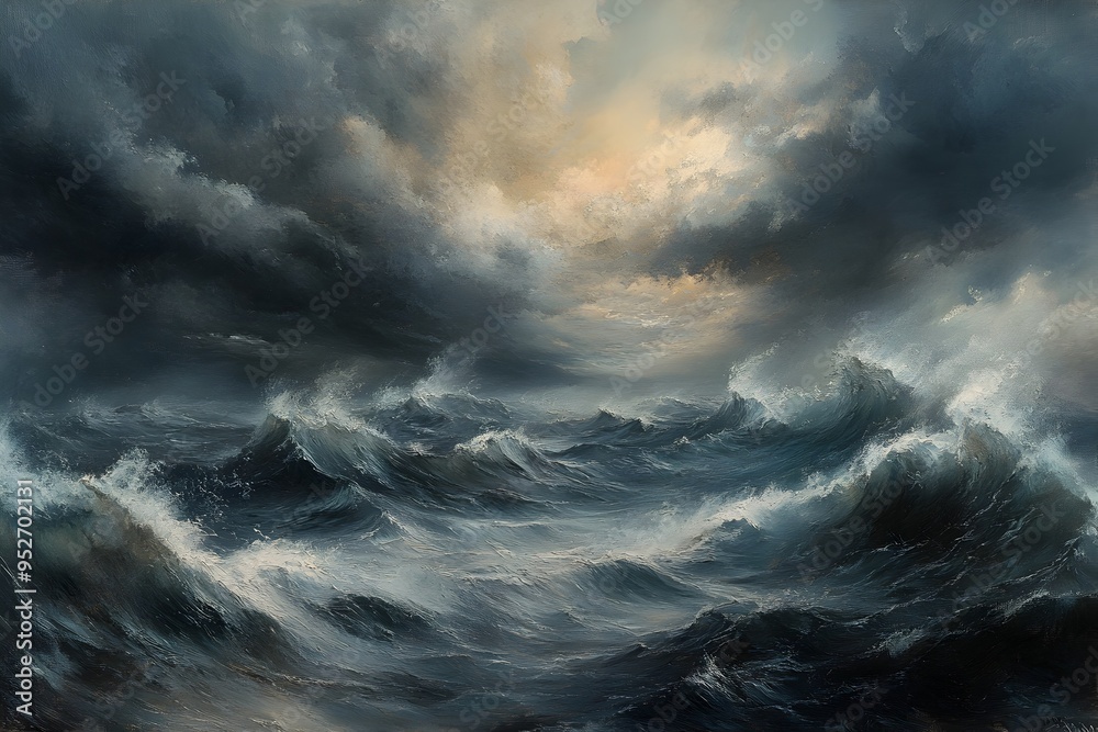 Obraz premium Brooding Seascape with Crashing Waves and Dramatic Stormy Sky