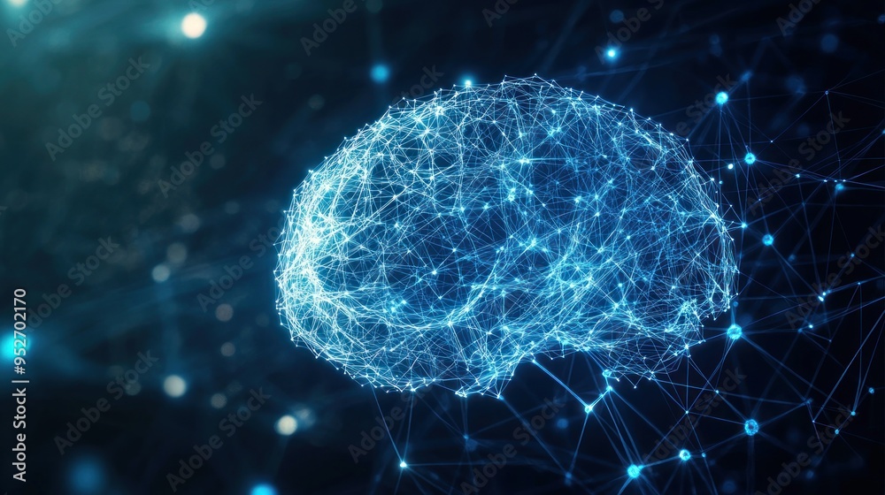 human brain. Illustration of a blue low polygonal wire frame on a dark background human brain. Illustration of a blue low polygonal wire frame on a dark background