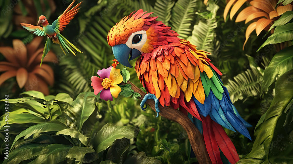 Fototapeta premium A colorful parrot perched on a branch in a lush tropical rainforest with a small bird flying behind it.