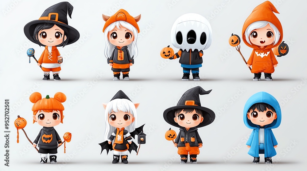 Obraz premium Colorful Halloween-themed characters enjoying the spooky season with fun costumes and playful accessories.