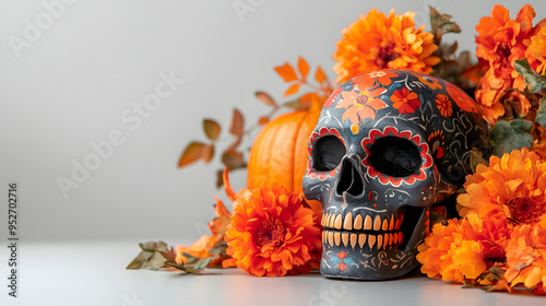 Black Sugar Skull with Marigolds and Pumpkin for Día de los Muertos 