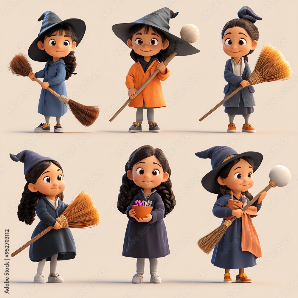 Charming animated witches in various poses, showcasing their magical tools in a whimsical and enchanting style. Charming animated witches in various poses, showcasing their magical tools in a whimsical and enchanting style.