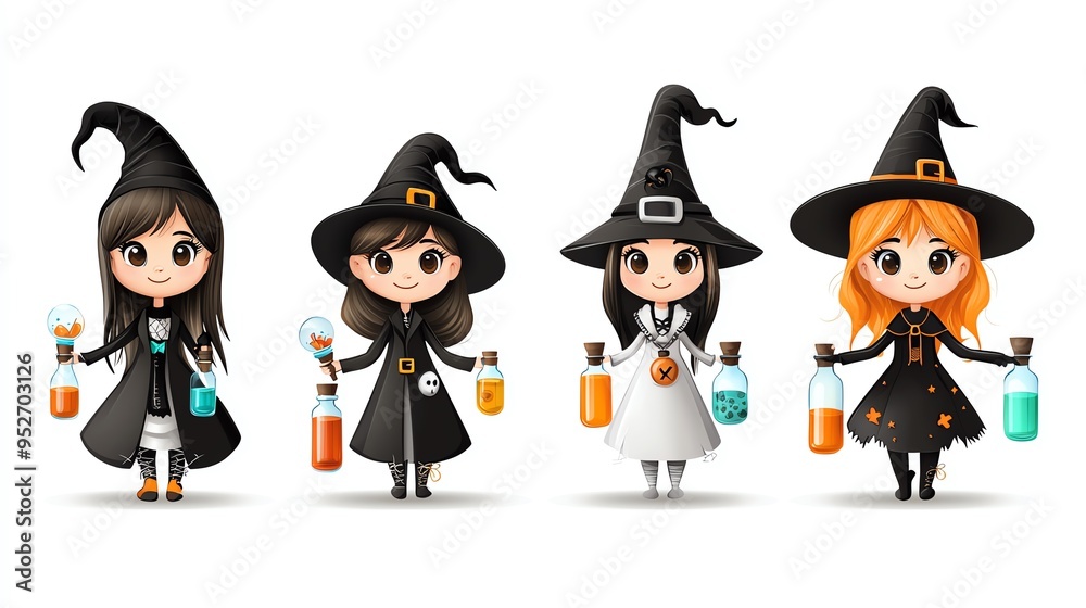 Four charming witches holding colorful potions in whimsical outfits, perfect for Halloween and magical themes. Four charming witches holding colorful potions in whimsical outfits, perfect for Halloween and magical themes.