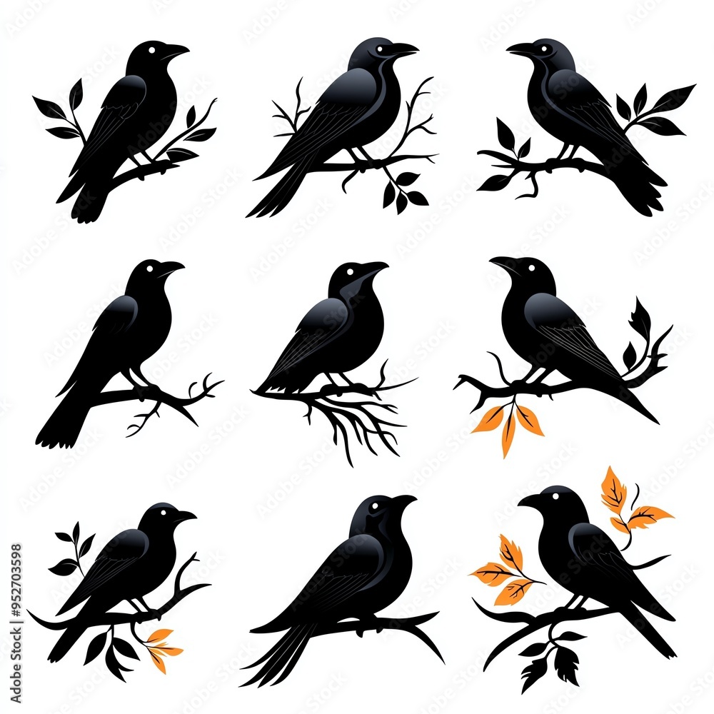 A collection of black bird illustrations perched on branches, showcasing distinct poses and foliage elements. A collection of black bird illustrations perched on branches, showcasing distinct poses and foliage elements.