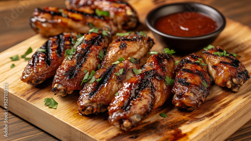 Golden Perfection: Grilled Wings with Tangy Dipping Sauce on a Wooden Board