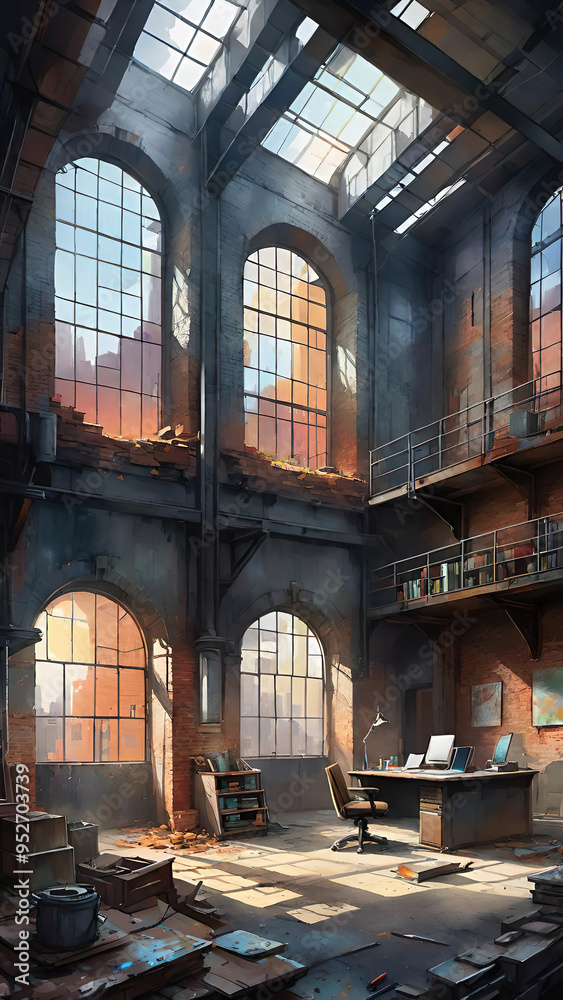 Obraz premium Interior of an old industrial building with brick walls and large windows transformed into a creative space