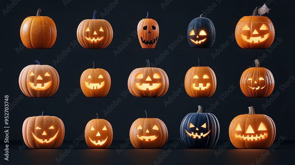 A collection of Halloween pumpkins with various carved faces, glowing in the dark, perfect for festive decor inspiration. A collection of Halloween pumpkins with various carved faces, glowing in the dark, perfect for festive decor inspiration.
