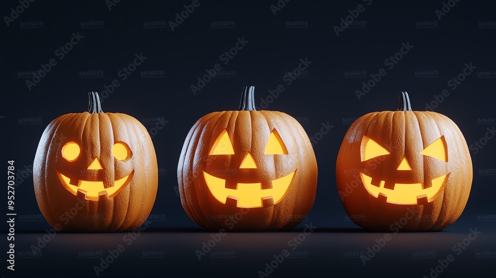 Three illuminated Halloween pumpkins with unique carved faces, capturing the festive spirit of the season. Three illuminated Halloween pumpkins with unique carved faces, capturing the festive spirit of the season.